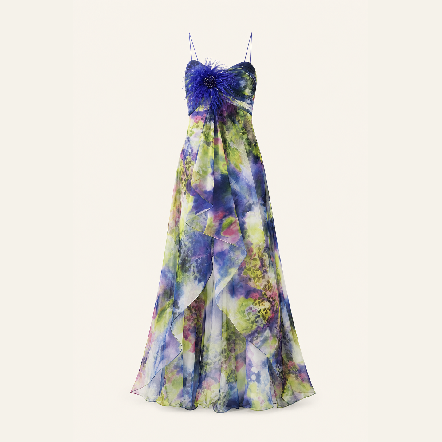 Purple watercolor print maxi dress with asymmetric high-low skirt, flat lay