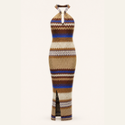 Brown chevron halter maxi dress with metallic threading, flat product view