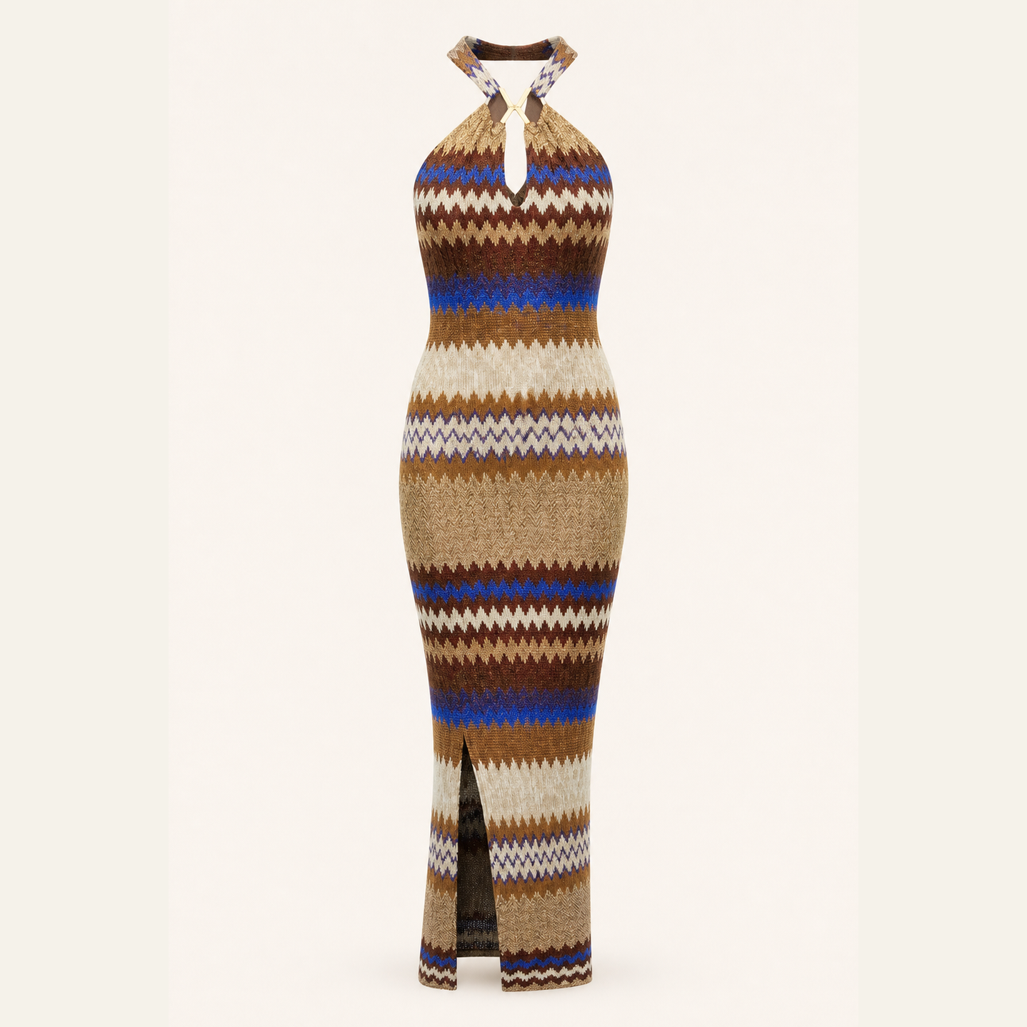 Brown chevron halter maxi dress with metallic threading, flat product view