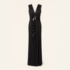 Black metallic maxi gown with draped shoulders, back view by Lord & Taylor Heritage