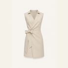 Stone beige wrap mini dress with structured shoulders, flat product view by Lord & Taylor Heritage