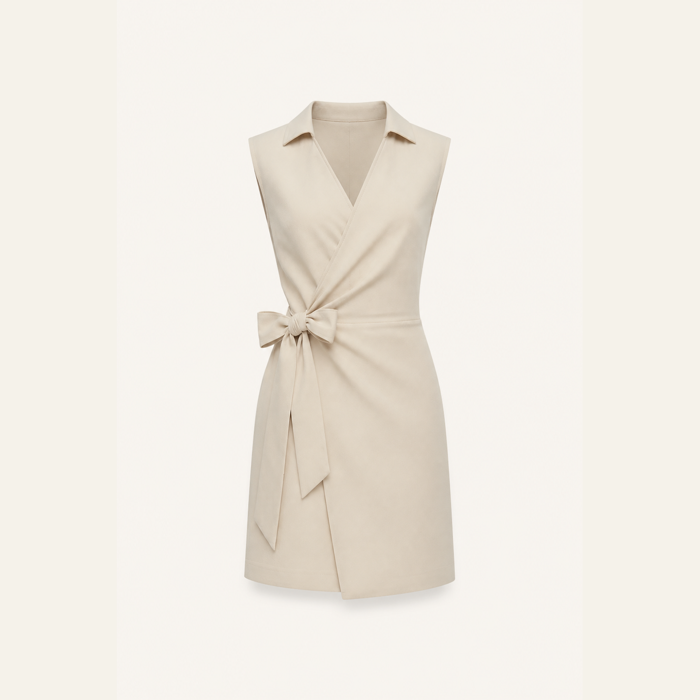 Stone beige wrap mini dress with structured shoulders, flat product view by Lord & Taylor Heritage