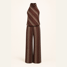 Lord & Taylor Heritage burgundy chevron two-piece set with open back and slim belt, flat lay