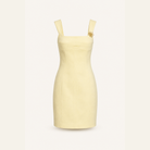 Pastel yellow structured mini dress with seamed bodice, flat product view