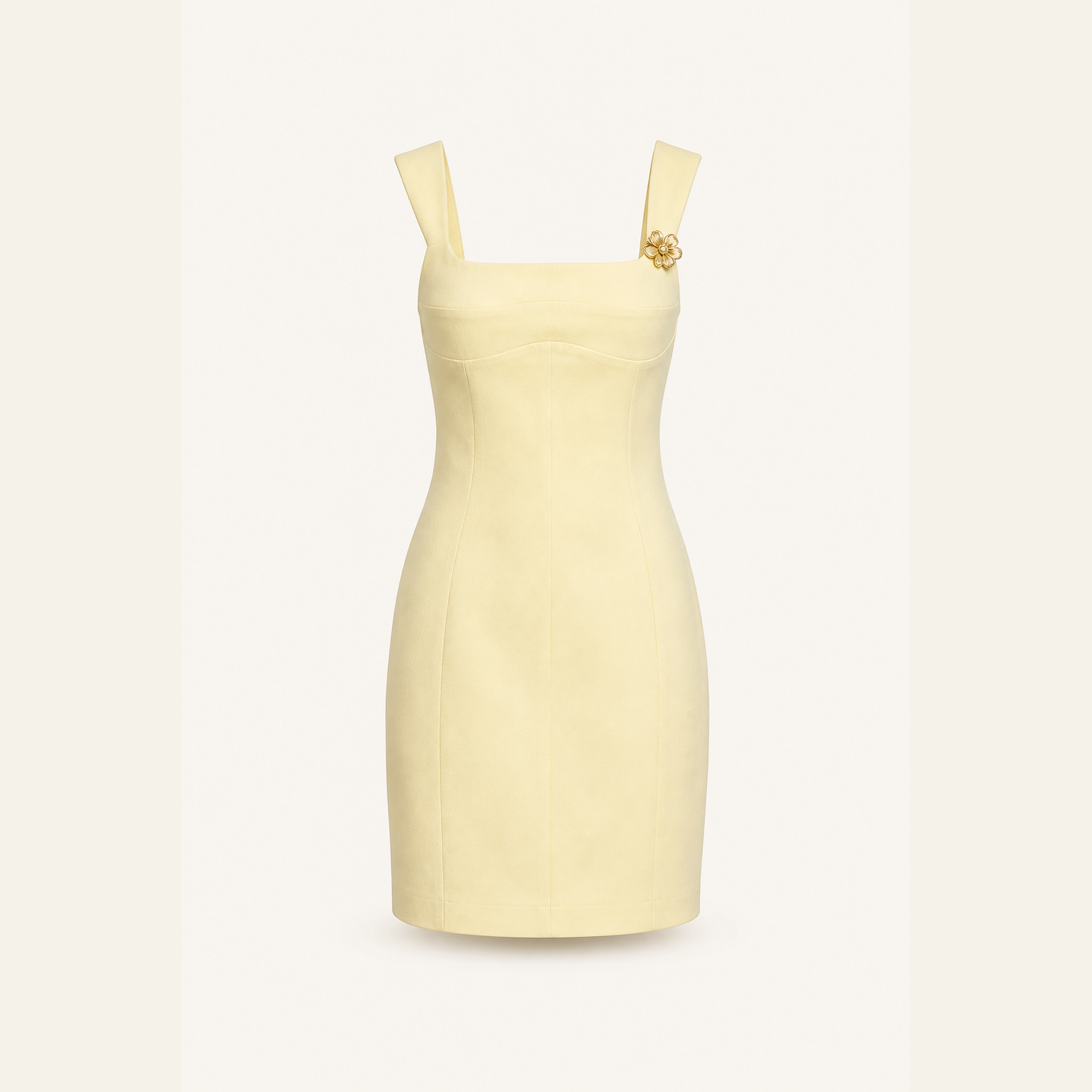 Pastel yellow structured mini dress with seamed bodice, flat product view