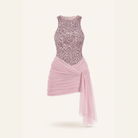 Mauve sequin mini dress with floor-length sash, flat lay product shot
