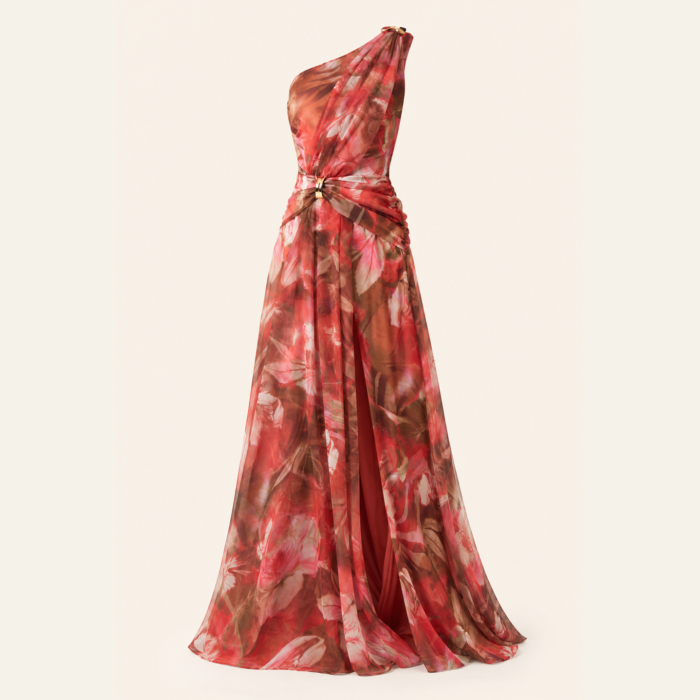 Red tropical floral maxi gown with draped sash, flat product view