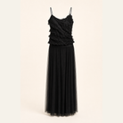 Black Lord & Taylor Heritage two-piece set with ruffle cami and layered tulle skirt, flat lay