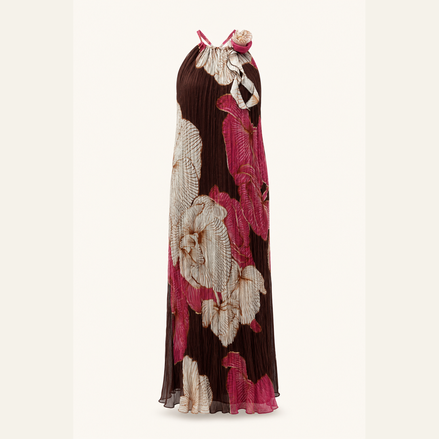 Brown floral halter maxi dress by Lord & Taylor Heritage, back view showing pleated fabric