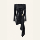 Black liquid jersey dress with gold-tone hardware detail, flat product view by Lord & Taylor Heritage