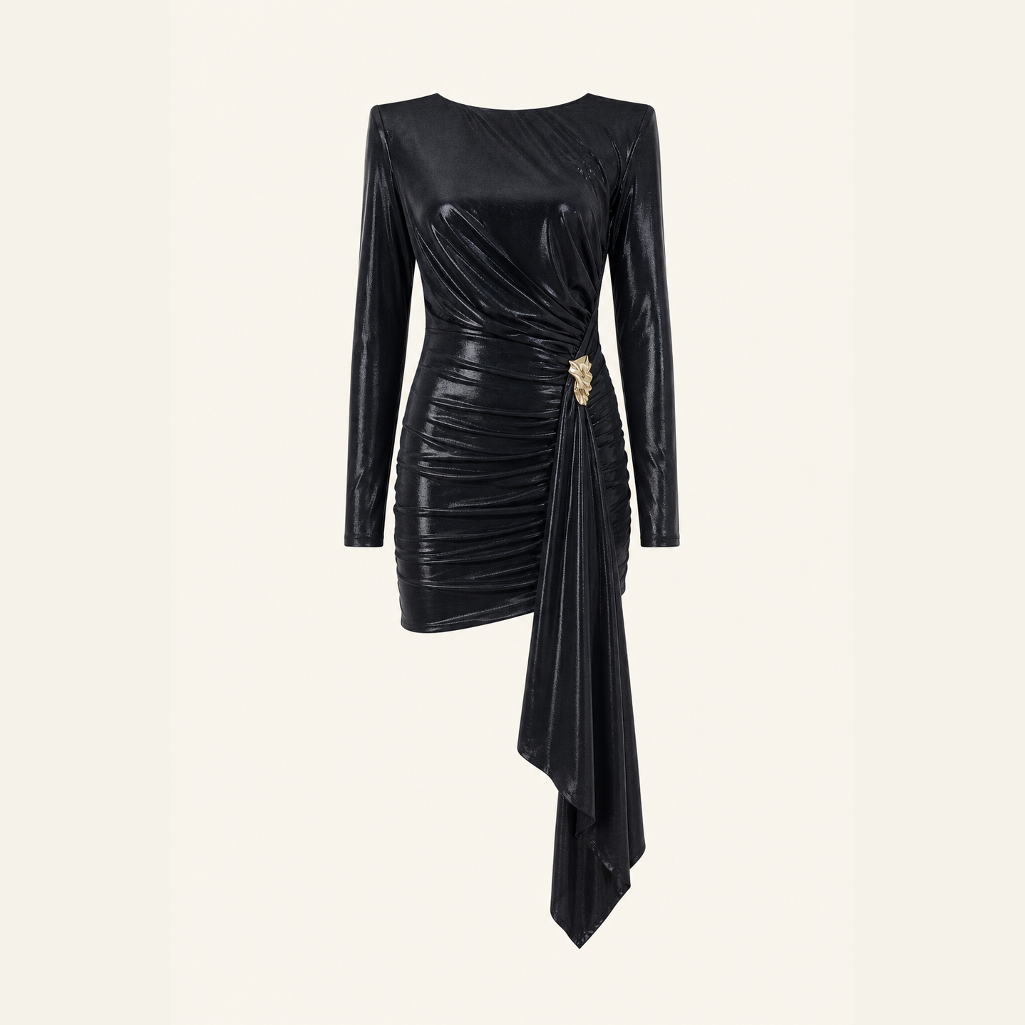 Black liquid jersey dress with gold-tone hardware detail, flat product view by Lord & Taylor Heritage