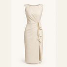Cream midi pencil dress with side ruffle detail, flat product shot