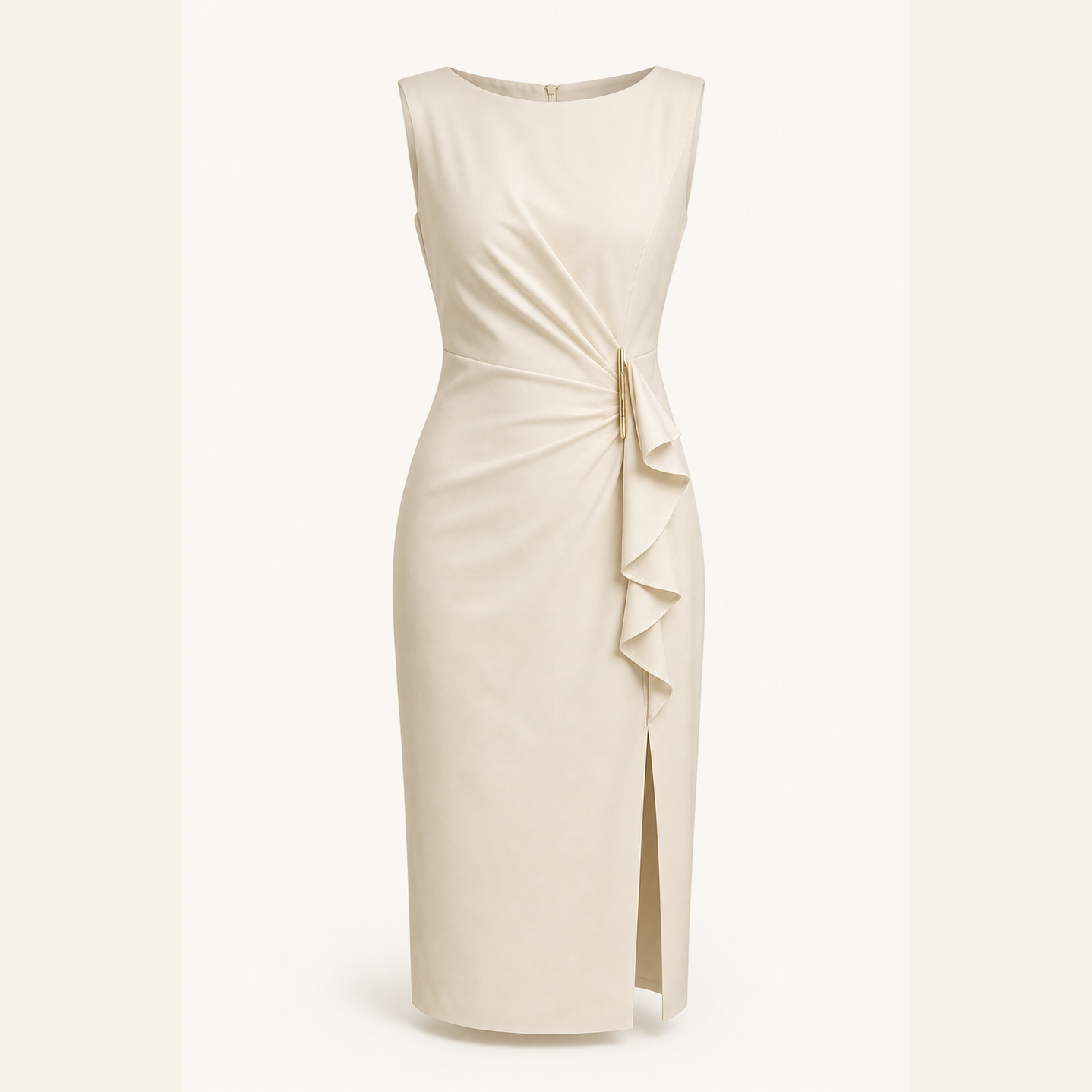 Cream midi pencil dress with side ruffle detail, flat product shot