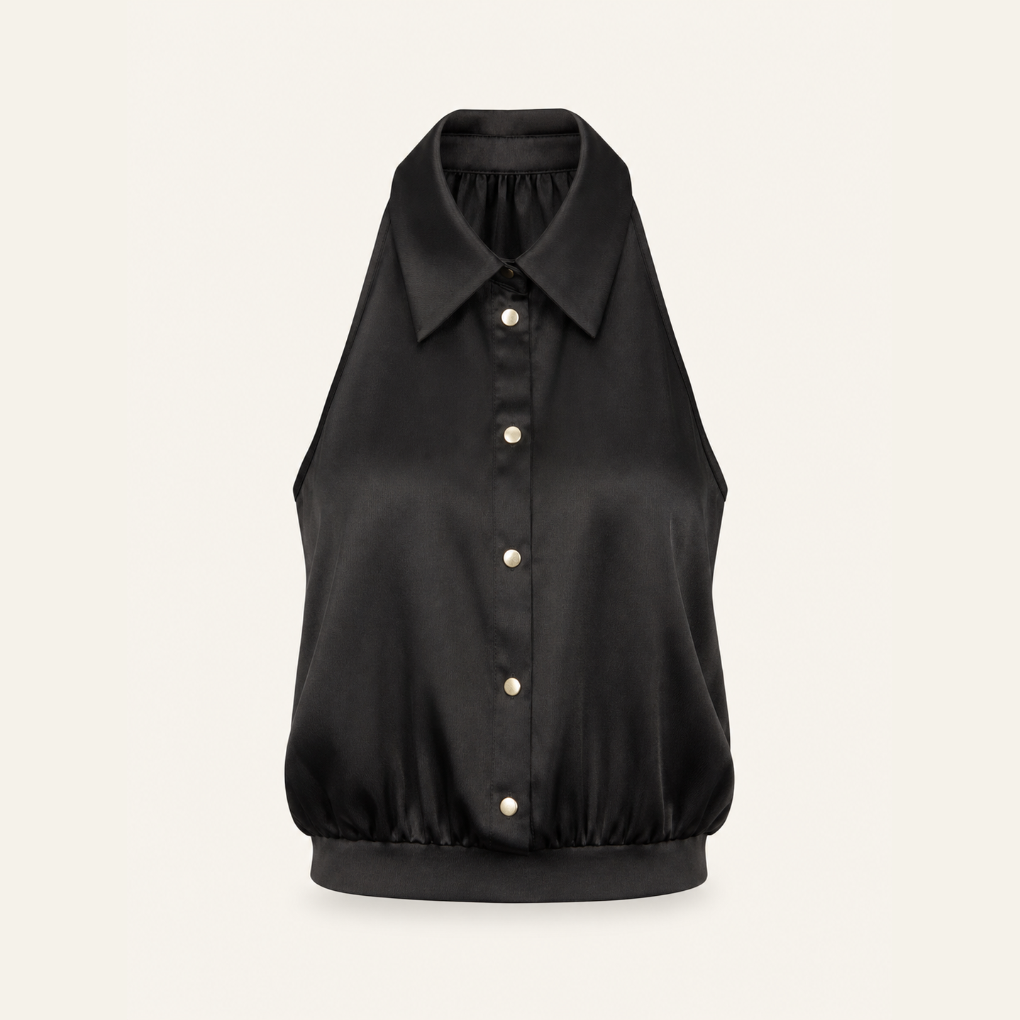 Black halter-neck satin shirt by Lord & Taylor Heritage, flat product shot