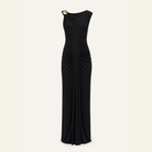 Black jersey maxi gown with one-shoulder neckline by Lord & Taylor Heritage, flat product view