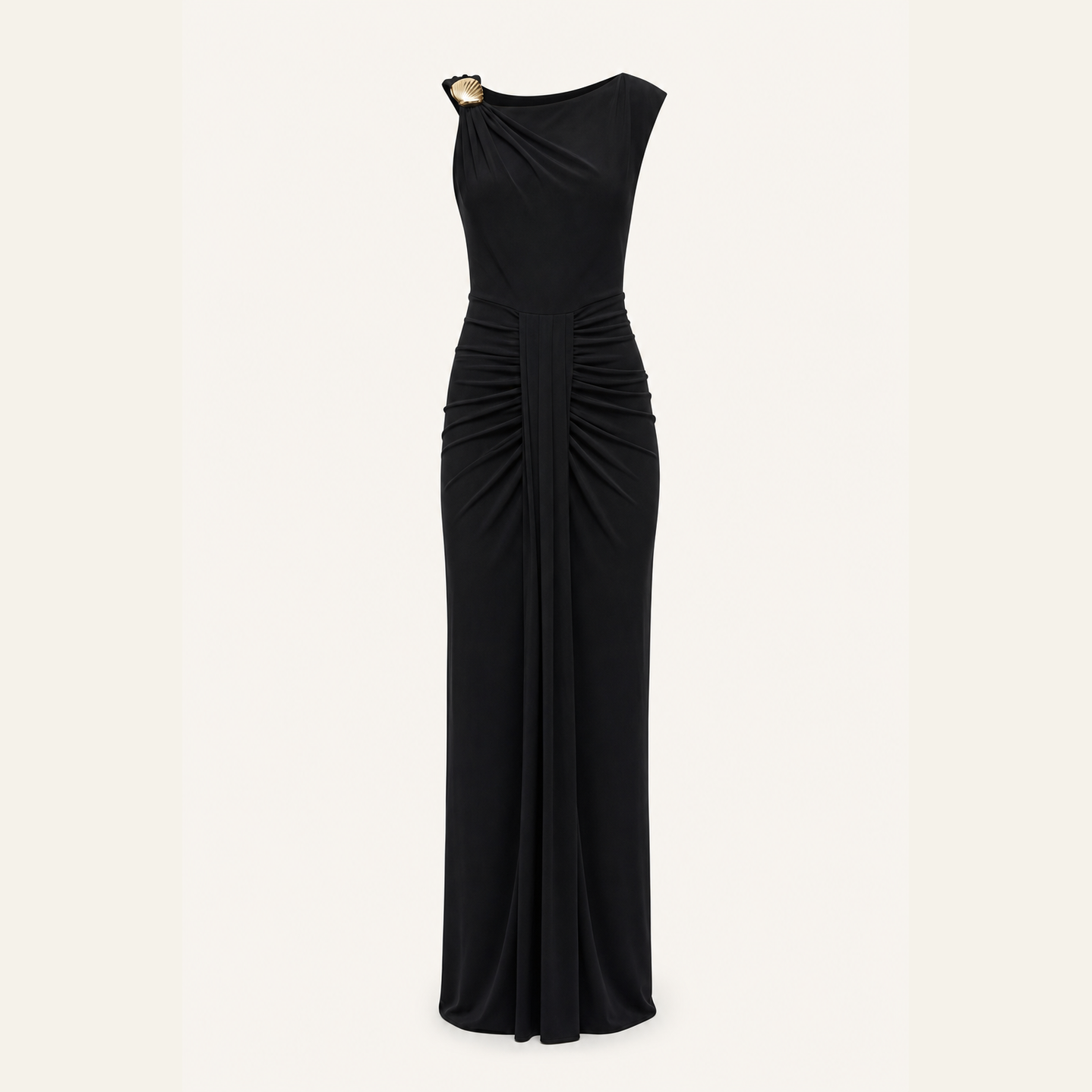 Black jersey maxi gown with one-shoulder neckline by Lord & Taylor Heritage, flat product view