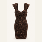 Bronze sequin bustier mini dress with fitted silhouette, flat lay by Lord & Taylor Heritage