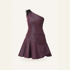 Plum taffeta mini dress with asymmetric ruffle hem, flat product shot by Lord & Taylor Heritage