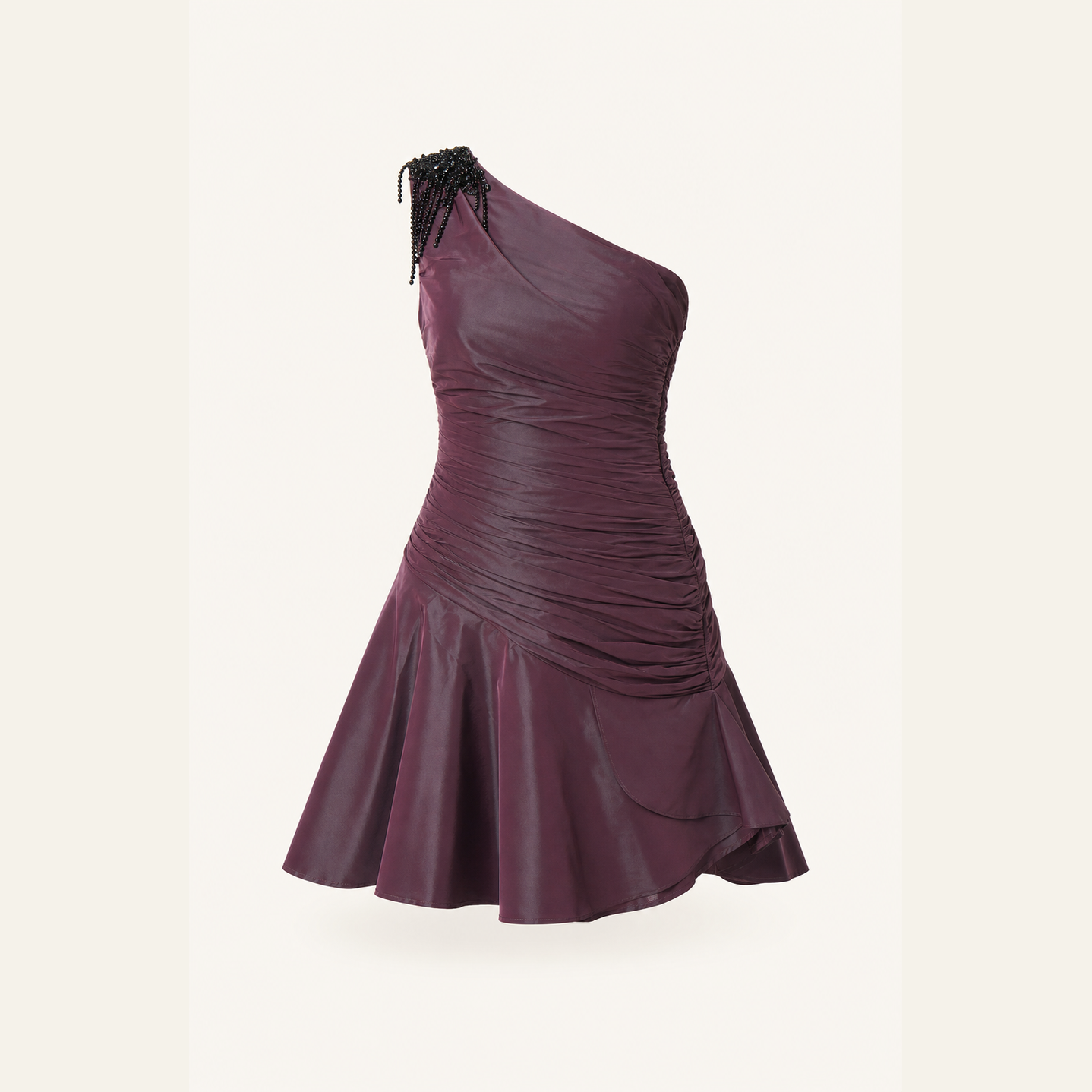 Plum taffeta mini dress with asymmetric ruffle hem, flat product shot by Lord & Taylor Heritage
