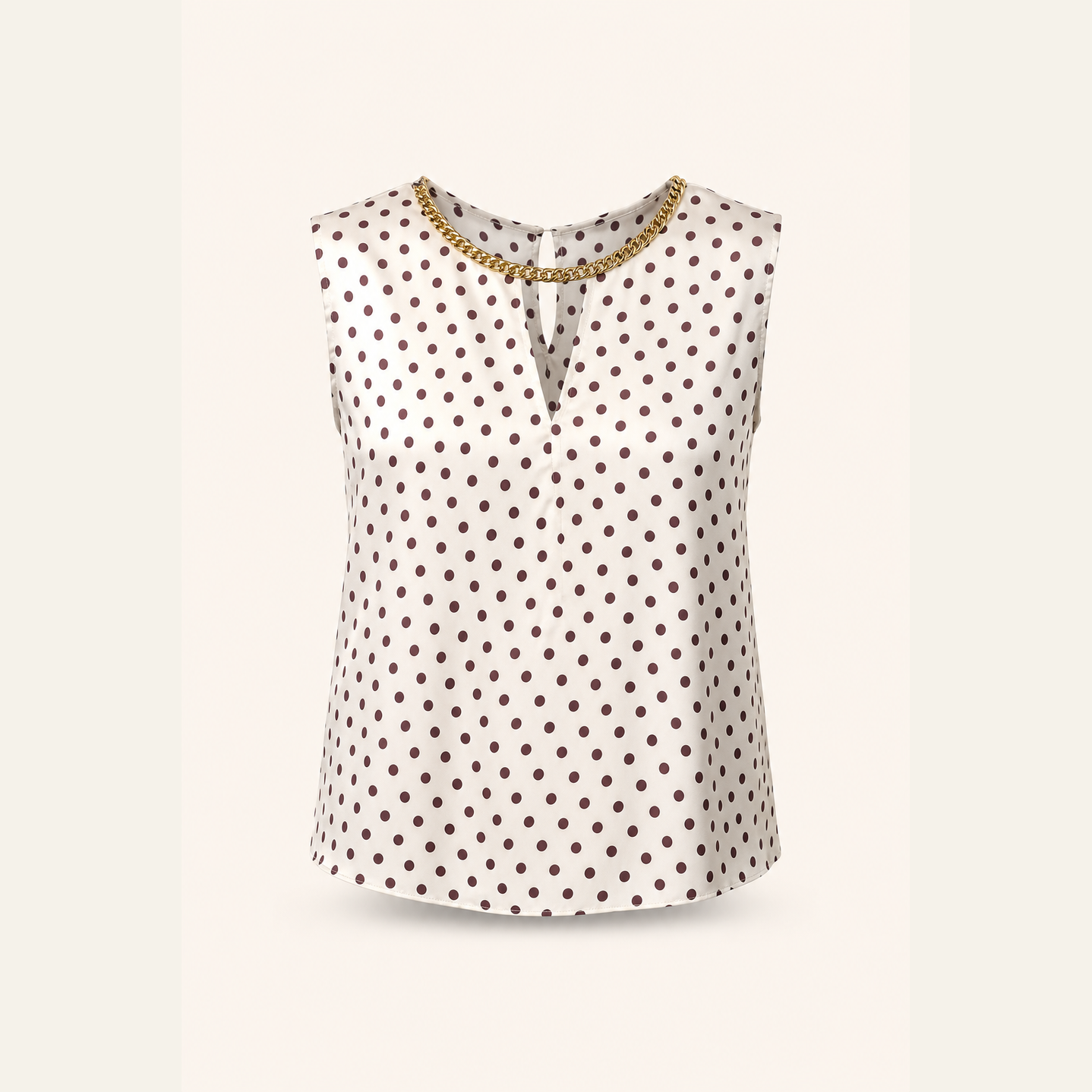 Cream polka dot sleeveless top with gold chain trim by Lord & Taylor Heritage, flat lay