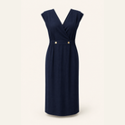 Navy sleeveless midi dress with button tabs by Lord & Taylor Heritage, flat lay
