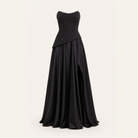 Black strapless satin gown flat lay showing full silhouette by Lord & Taylor Heritage