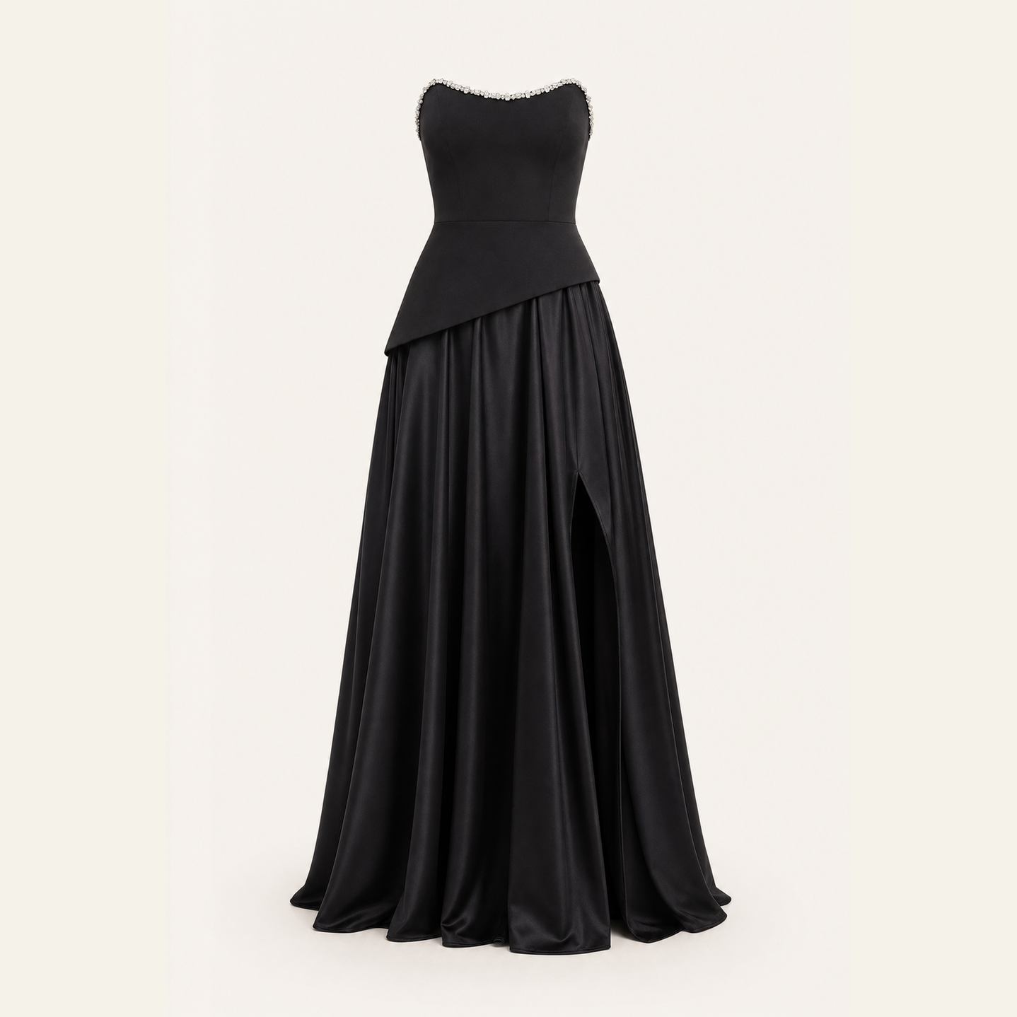 Black strapless satin gown flat lay showing full silhouette by Lord & Taylor Heritage
