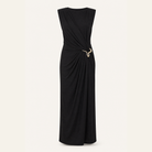 Black matte jersey maxi dress with asymmetric bodice by Lord & Taylor Heritage, flat lay