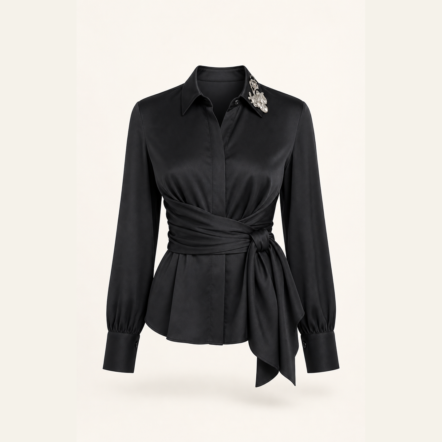 Black satin wrap blouse flat lay product shot by Lord & Taylor Heritage