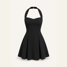 Black structured mini dress with fitted bodice and A-line skirt, flat product shot