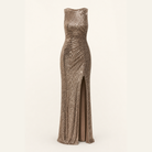 Khaki sequin gown flat lay showing floor-length silhouette and thigh-high front slit