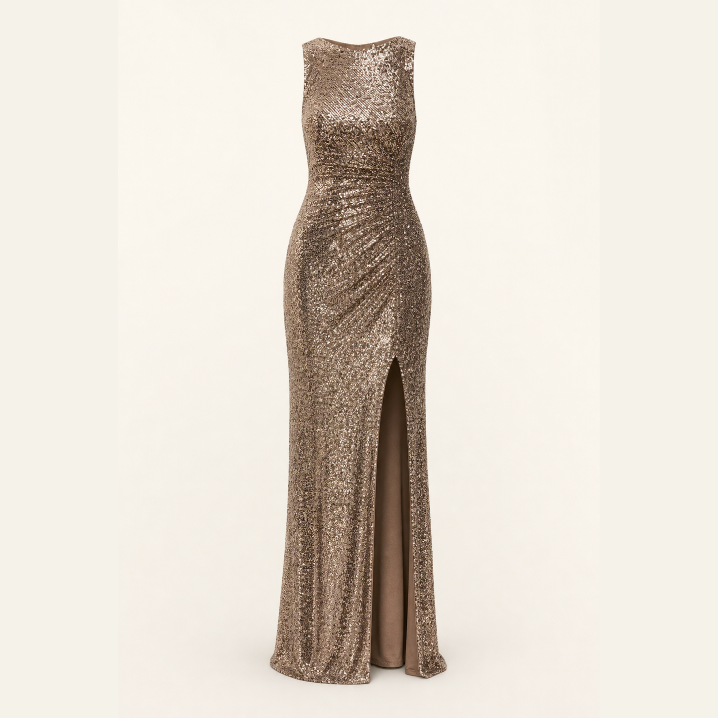 Khaki sequin gown flat lay showing floor-length silhouette and thigh-high front slit