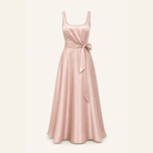 Blush pink satin maxi dress flat lay showing full silhouette and bow sash by Lord & Taylor Heritage