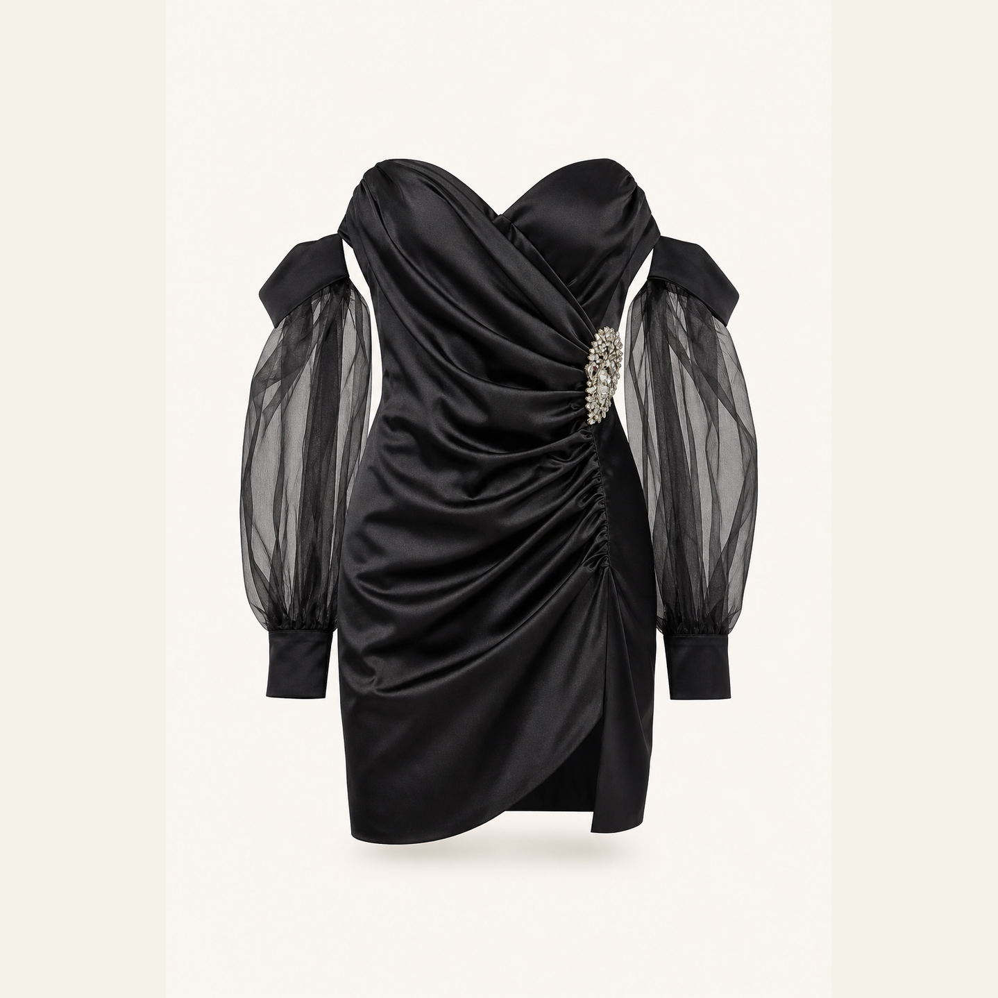 57980 - Lord & Taylor Heritage Satin Mini Dress, Black Off-Shoulder — product shot