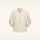 Beige pinstripe linen-blend bomber jacket, flat lay product shot by Lord & Taylor Heritage