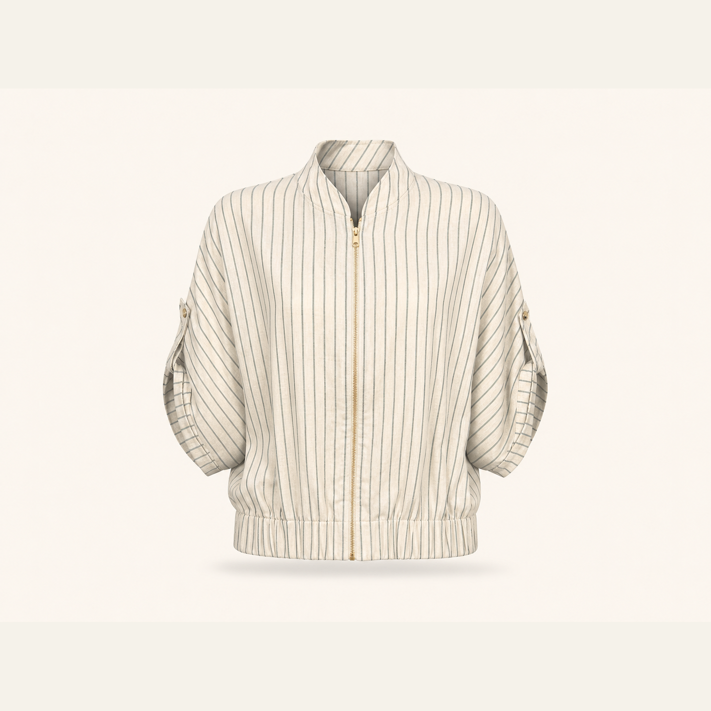 Beige pinstripe linen-blend bomber jacket, flat lay product shot by Lord & Taylor Heritage