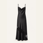 Black satin maxi dress with diagonal lace inset near hem, flat lay