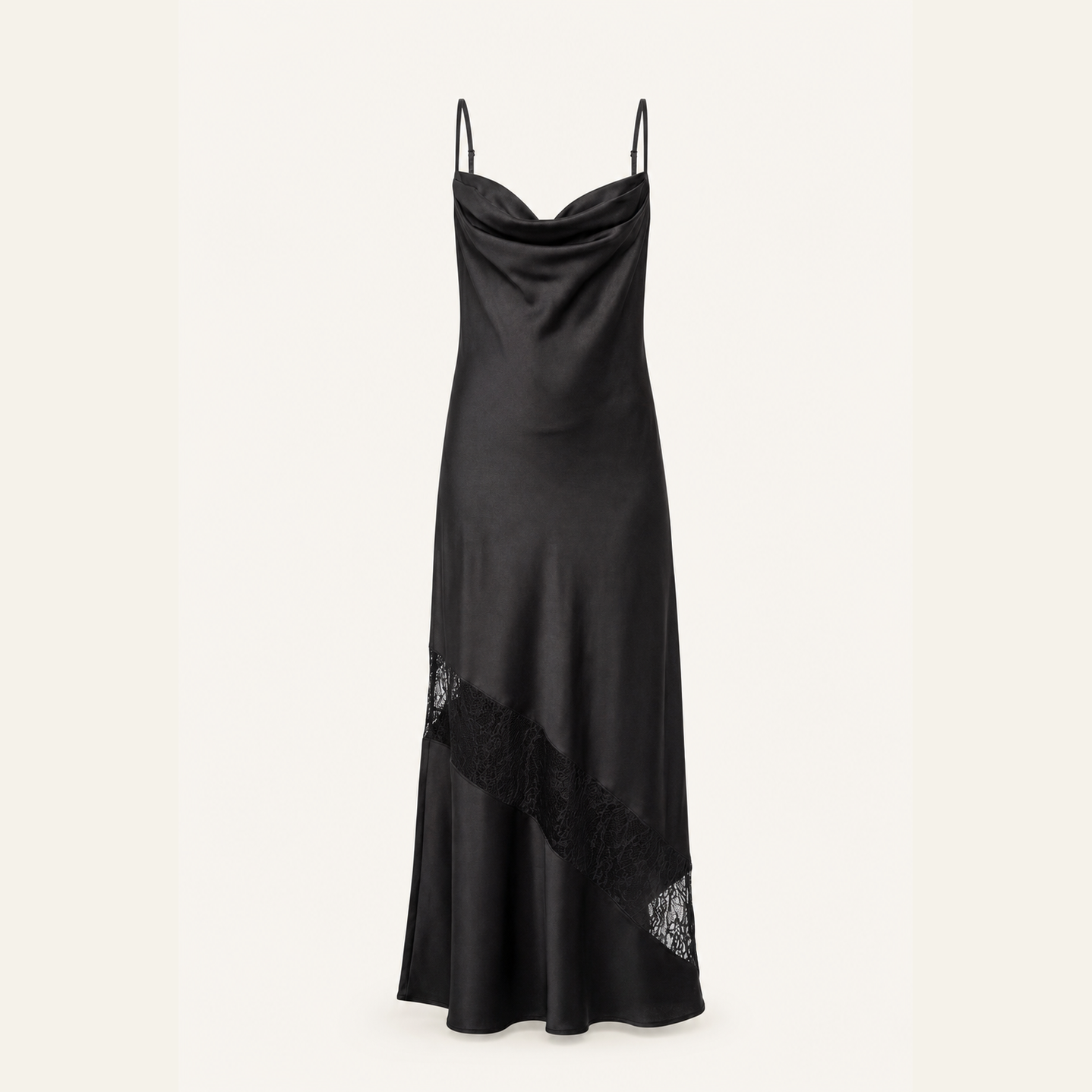 Black satin maxi dress with diagonal lace inset near hem, flat lay
