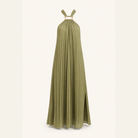 Khaki halter maxi dress flat lay showing pleated texture by Lord & Taylor Heritage