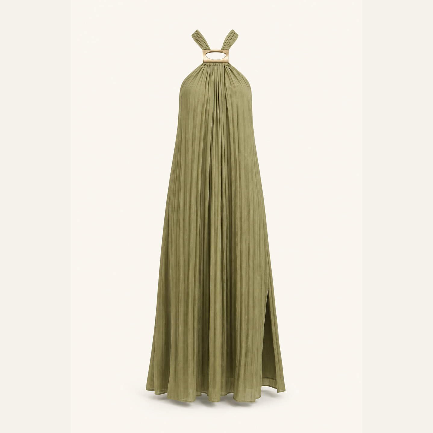 Khaki halter maxi dress flat lay showing pleated texture by Lord & Taylor Heritage