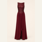Burgundy evening gown with beaded bodice and draped skirt, flat product view