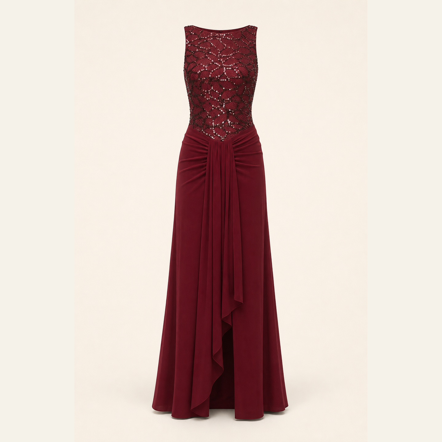 Burgundy evening gown with beaded bodice and draped skirt, flat product view