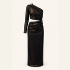 Black and gold metallic one-shoulder maxi dress, flat product shot by Lord & Taylor Heritage