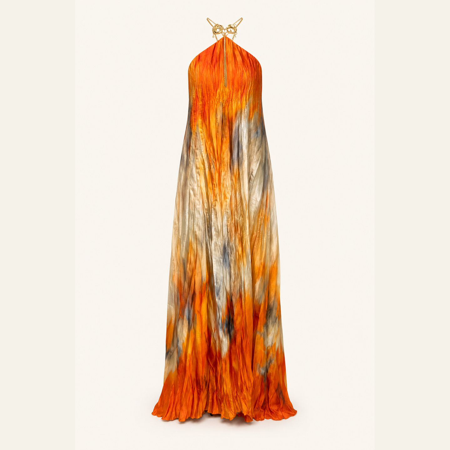 Orange watercolour sunset print pleated halter maxi dress, flat product view