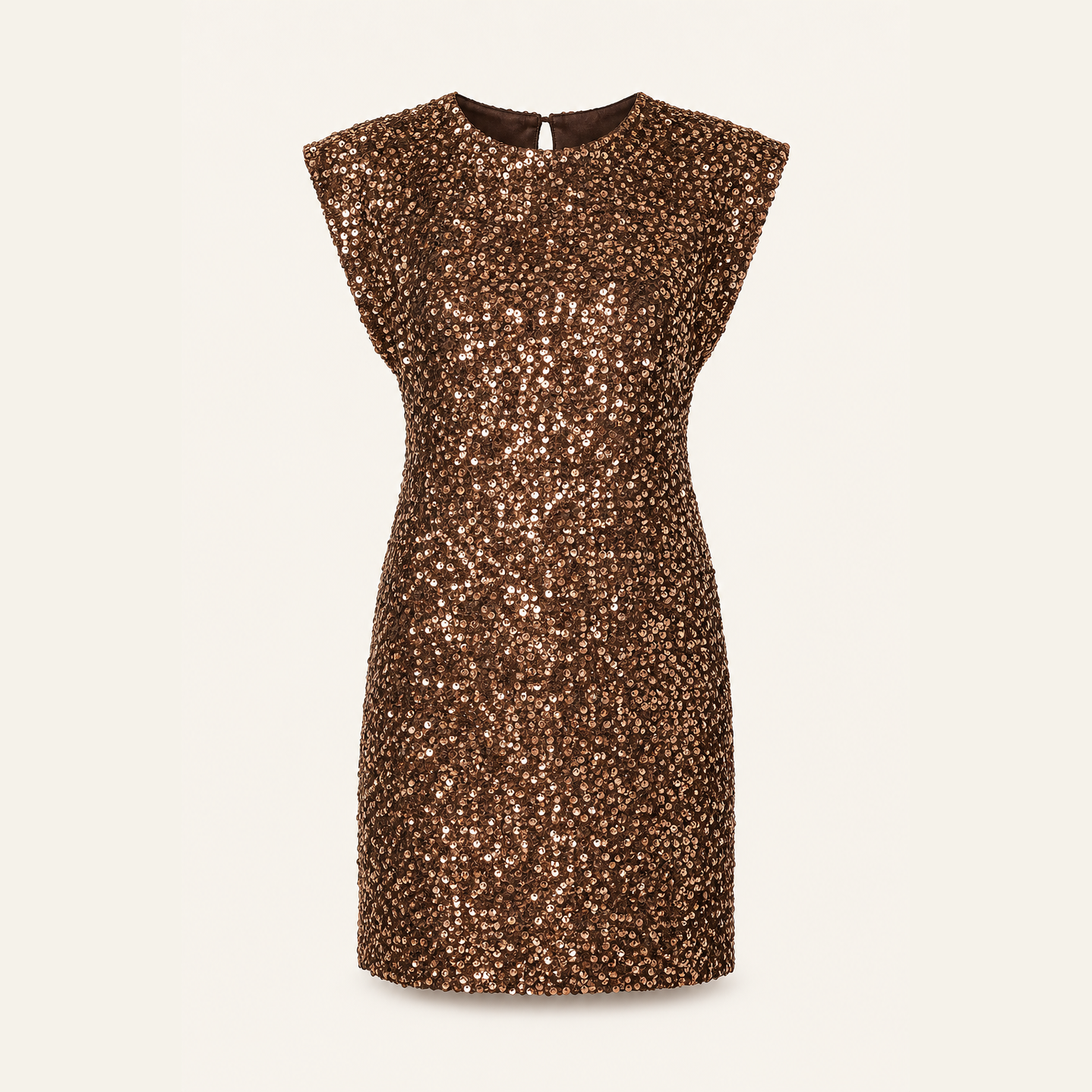 Bronze sequin sleeveless shift dress flat lay by Lord & Taylor Heritage