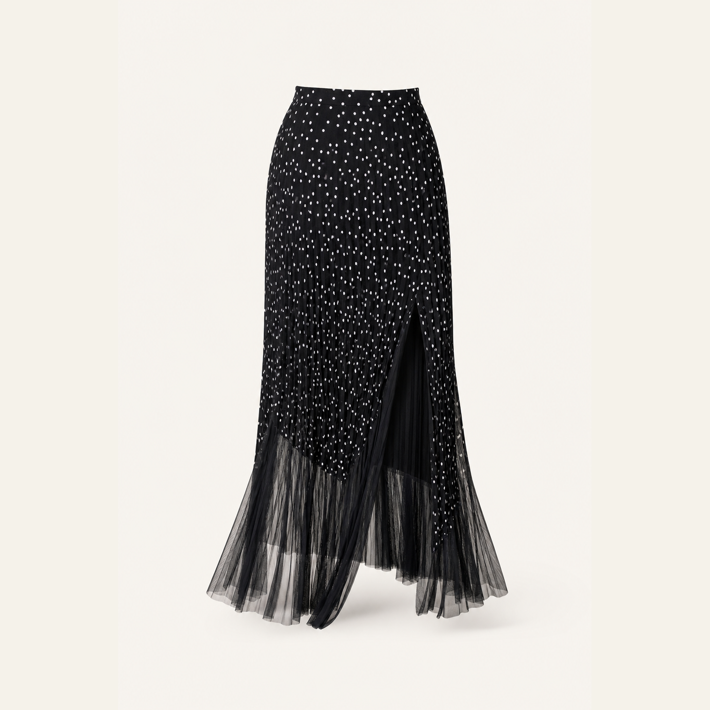 Black polka dot pleated maxi skirt flat lay product shot by Lord & Taylor Heritage