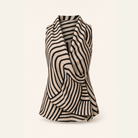 Black and cream geometric stripe wrap top, flat product shot showing asymmetric drape