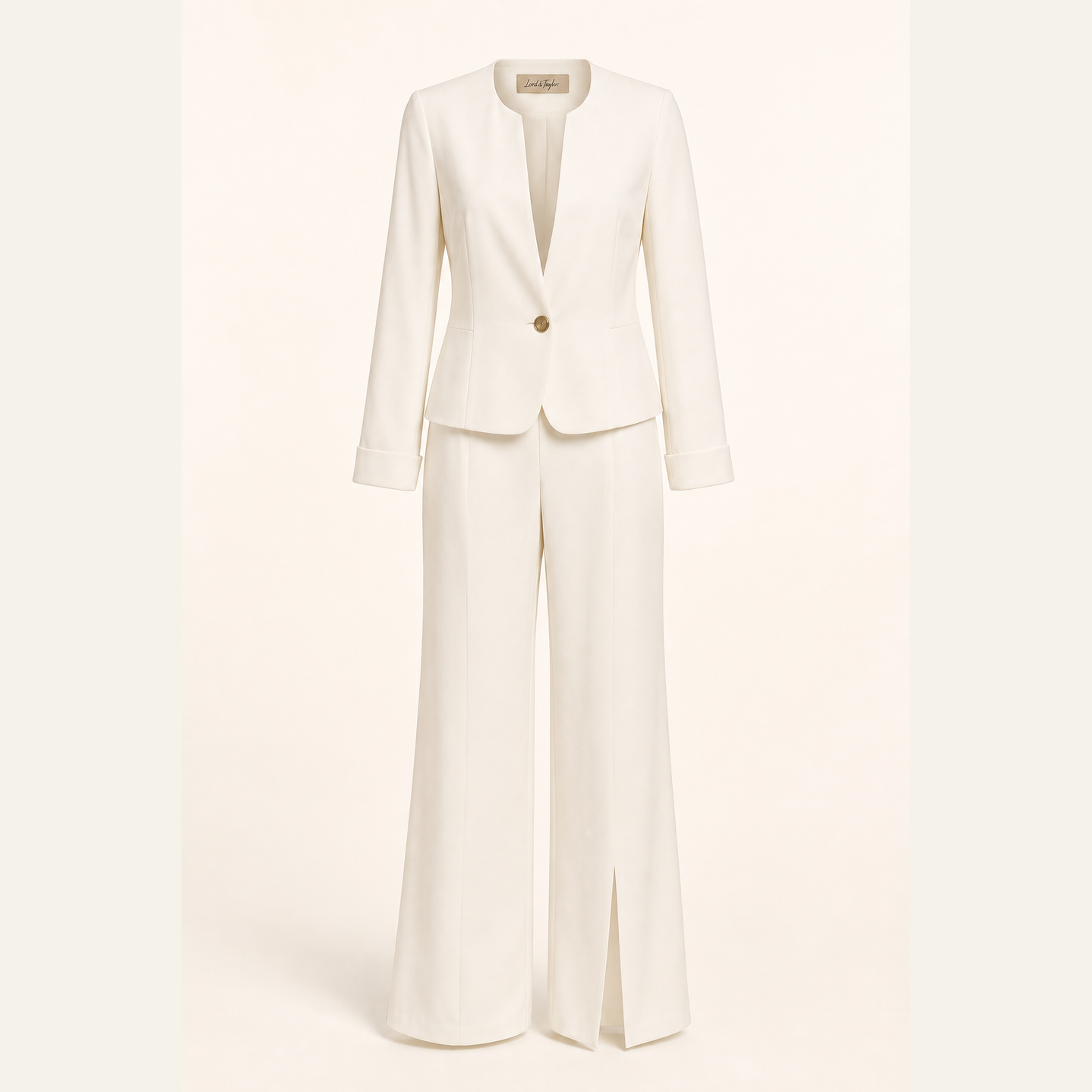 Ecru tailored blazer with gold buttons by Lord & Taylor Heritage, flat product shot
