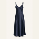 Navy satin slip dress flat lay product shot by Lord & Taylor Heritage