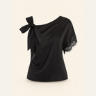 Black one-shoulder top with draped silhouette by Lord & Taylor Heritage, flat lay